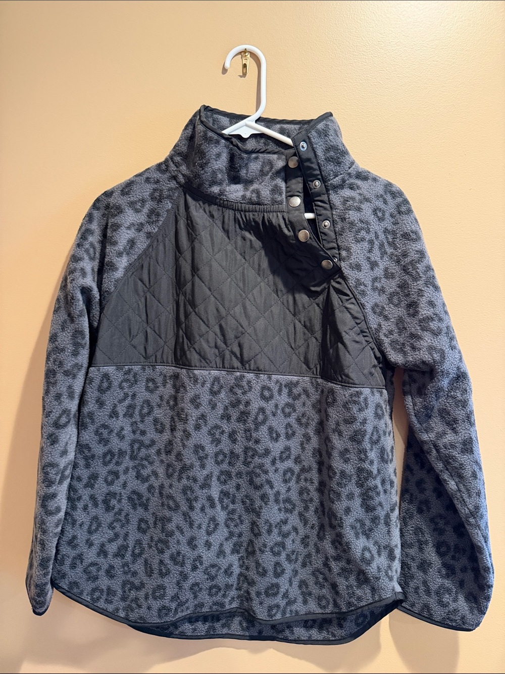 J. Crew Gray Leopard Snap-Shoulder Quilted Pullover